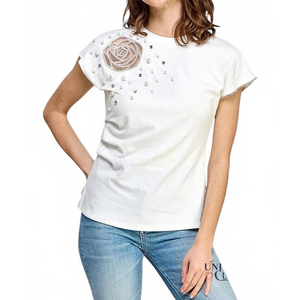 NEW PASTEL DESIGN rose & pearls embellished tee in white